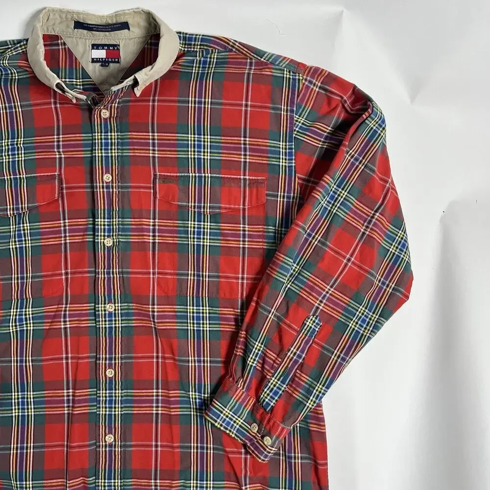 VTG‎ Tommy Hilfiger Men's Red Plaid Woven Cotton Button-Up Shirt LS Pockets L/G